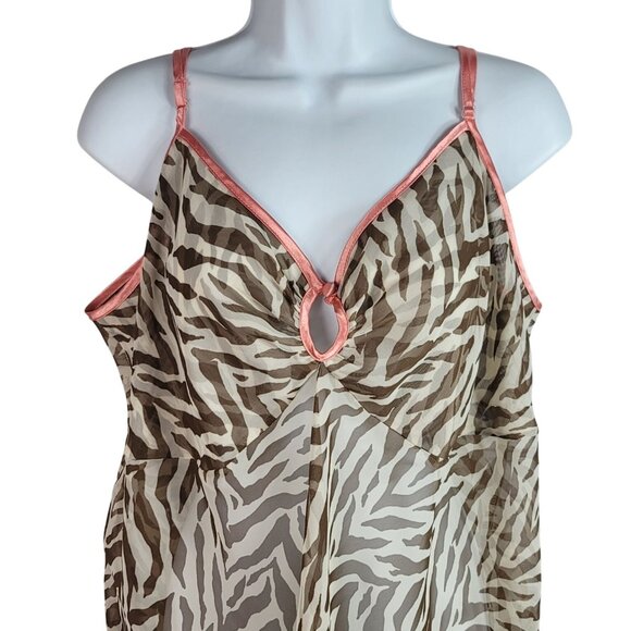 Cacique Nightie Chemise Brown SZ 22 24 Sheer Lingerie Satin Adj Strap Animal Pri - Picture 2 of 7